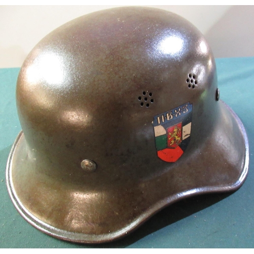 43 - WWII period Bulgarian Luftschutz helmet with Bulgarian lion decal with handwritten inked name to the... 