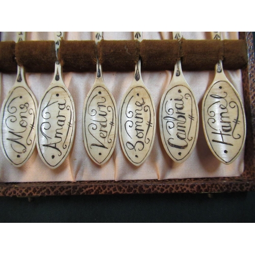 164 - Unusual cased set of six prison of war style carved bone spoons, decorated with scull and cross bone... 