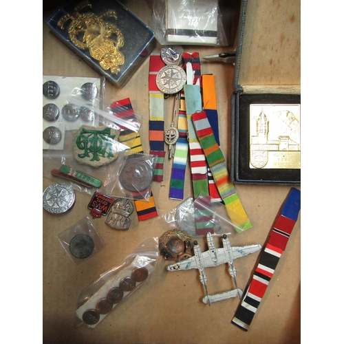 167 - Collection of various medal ribbon bars, military style buttons including: LYBRO, various cap badges... 