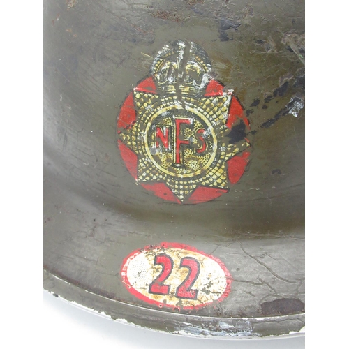 3 - WWII period British auxiliary fire service steel helmet complete with liner and chin strap with pain... 