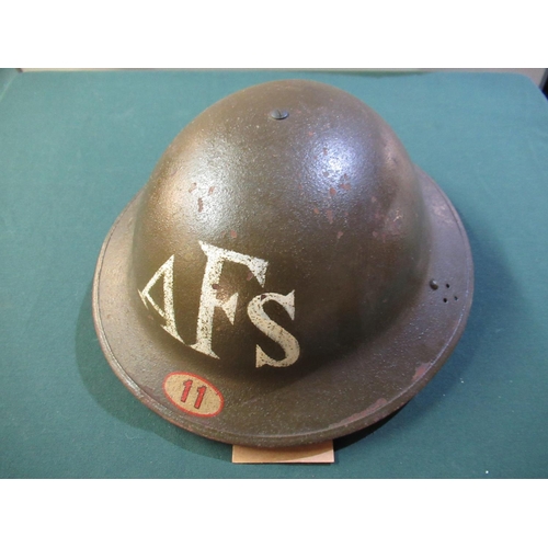 8 - British WWII period auxiliary fire service 1938 - 41 (AFS) steel helmet area 11 with liner and chins... 