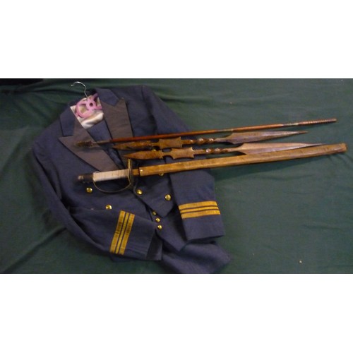 168 - Two carved wood African hand spears and a reproduction English civil war type sword and a RAF mess u... 