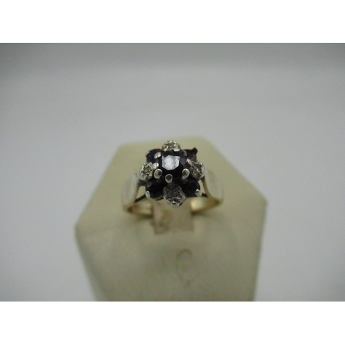 2 - C20th hallmarked 9ct gold, diamond and sapphire cluster ring, London 1977 Size J, gross 3g. (AF miss... 