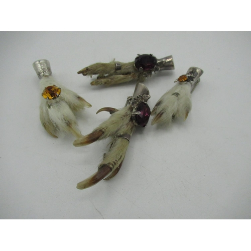 63 - Pair of Scottish silver hallmarked ptarmigan feet brooches with amber coloured stones and another pa... 