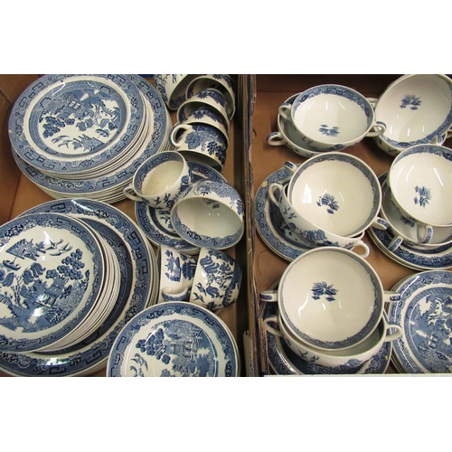 67 - A comprehensive Wedgwood Eturia 'Willow' blue and white tea and dinner service comprising soup bowls... 