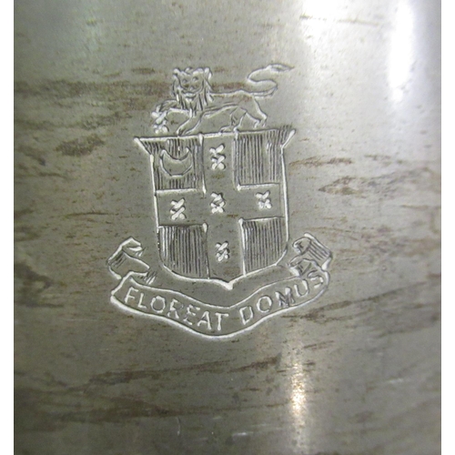 69 - Five quartz pewter tankers bearing coat of arms 'Floreat Domus,' brass skillet, Scottish horn, salad... 