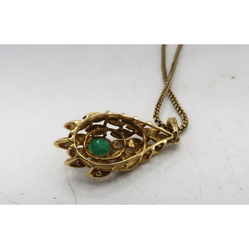 101 - Diamond and emerald gold lozenge shaped pendant on 9ct gold box chain necklace with spring ring clas... 