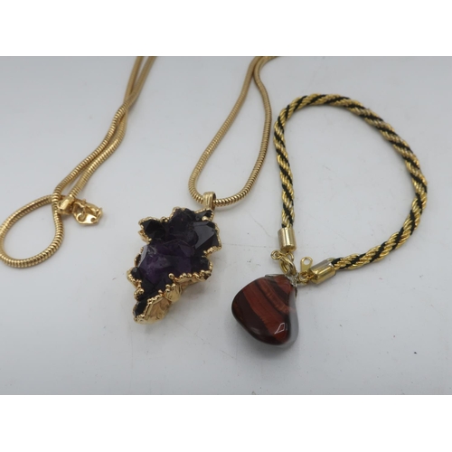 106 - Gold plated amethyst crystal pendant on snake chain necklace L74cm 28.7g and tigers eye pendant a ro... 