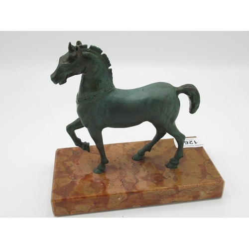 126 - 20th C patinated bronze classic study of a race horse on variegated marble plinth