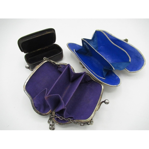 128 - Ladies purse constructed from fresh water oyster with plated mounts and clasp, royal blue interior w... 