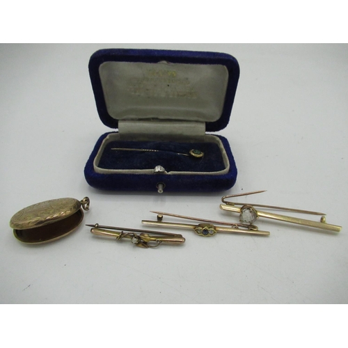 130 - Edwardian 15ct gold bar brooch set with sapphire and diamonds, another Edwardian 18ct gold bar brooc... 