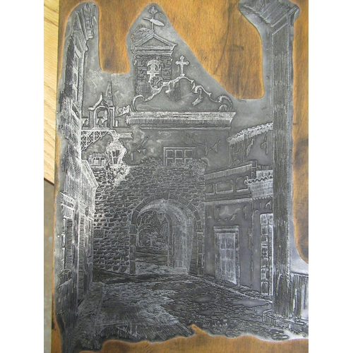 142 - Late 20th C engraving plate depicting a gatehouse mounted wooden board 24cm x 34cm, collection of 30... 