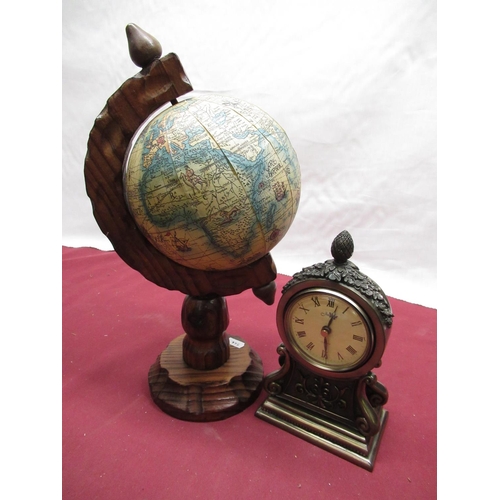 159 - Terrestrial globe on stained pine stand H39cm and Jubilee Quartz mantle clock