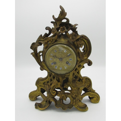 160 - 20th C Ricco design brass cased mantle clock with gilt dial applied porcelain cartouche numerals, tw... 