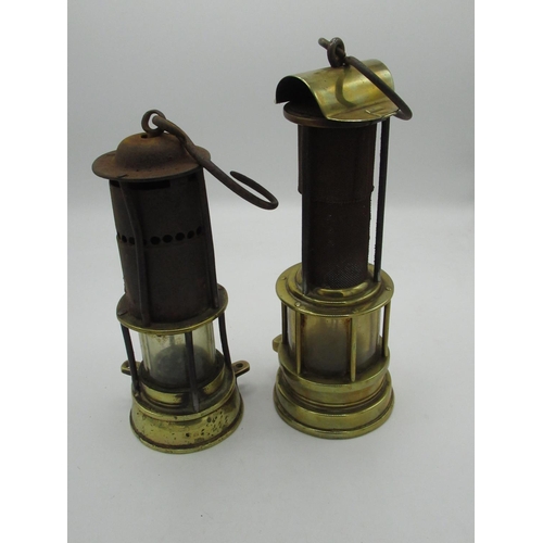 162 - 19th C Gibson & Ilkeson (Ilkeson worn) brass and steel miners safety lamp H25cm, and a smaller miner... 