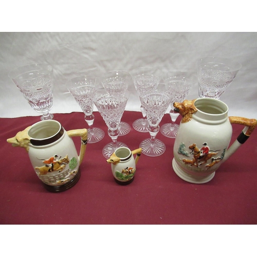 172 - Set of three graduated Keele St pottery hunting related jugs with fox mask handles, a set of six lea... 