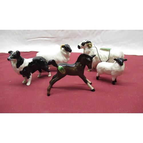 173 - Beswick ram bearing original label H9cm, smaller ram H8cm, Beswick sheep H6cm, Beswick boarder colli... 