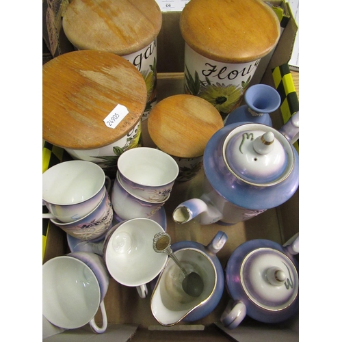 179 - Four Crown Devon storage jars with varnish beech lids, sugar, flour, and nutmeg and a 20th C Japanes... 