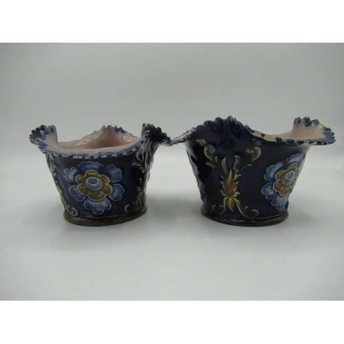 181 - Pair of late 19th C Doulton Lambeth salt glazed vases blue ground with floral and scroll decoration ... 