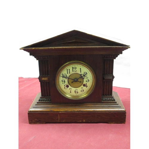 197 - Early 20th C mantle clock medium oak architectural case, brass bezel enclosing ceramic bezel, striki... 