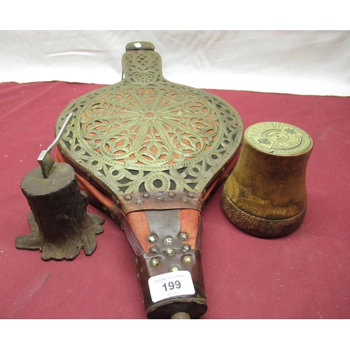 199 - Middle eastern bellows with pierced brass tooling, cast iron paper weight in form of tree stump with... 