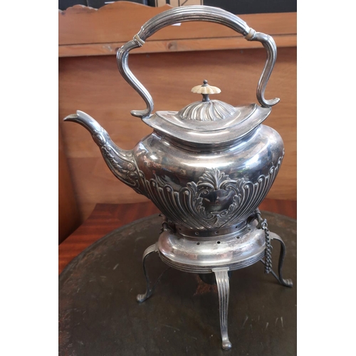 670 - Late Victorian EPNS spirit kettle on stand, with part lobed body on reeded paw feet, bone insulator ... 