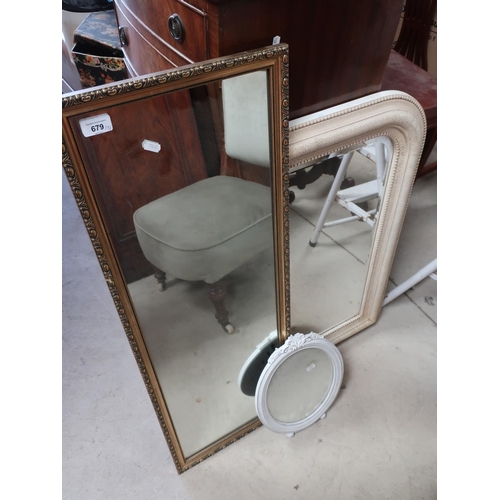 679 - Arched plate wall mirror in vintage crackled frame, gilt framed rectangular wall mirror, and a vinta... 