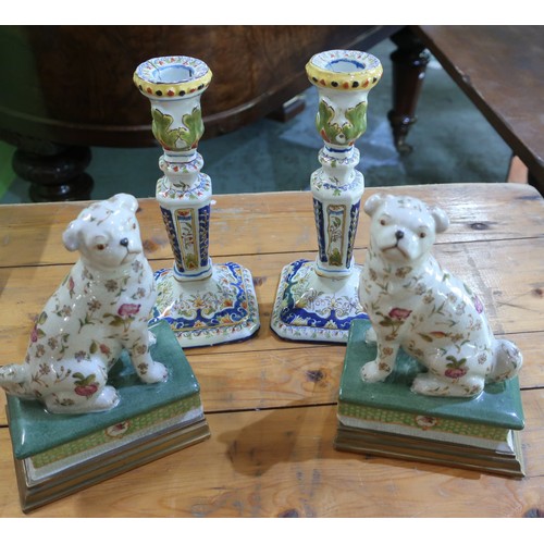 689 - Pair of faience style candlesticks H21cm, pair of Paris style models of temple dogs, three pieces of... 