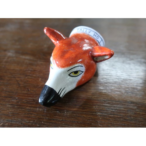690 - Staffordshire fox head stirrup cup, collar painted 