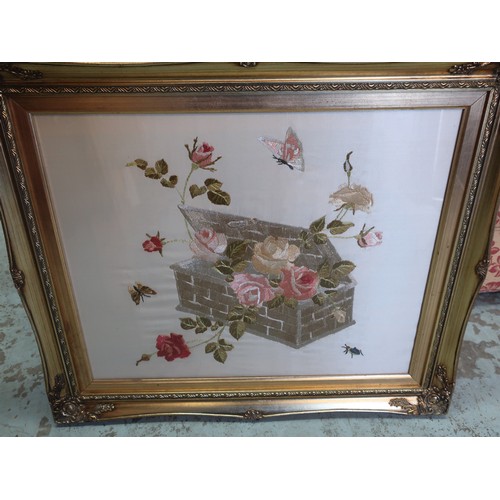 697 - Coloured needlework study of insects and butterflies around a flower filled casket in gilt frame H45... 