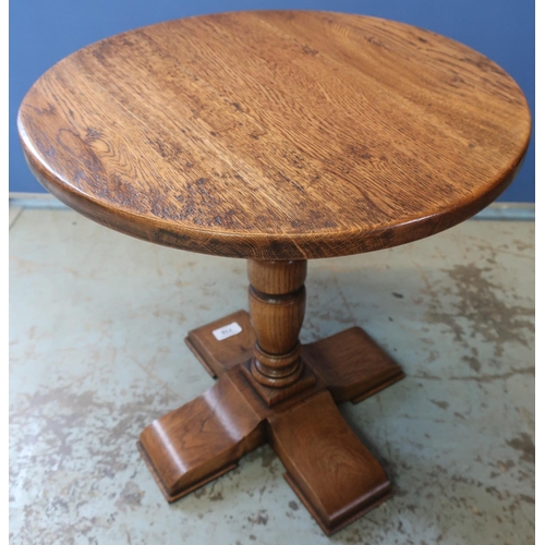 710 - Charles II style oak coffee table, circular top on turned column support and X shaped base D45cm H45... 