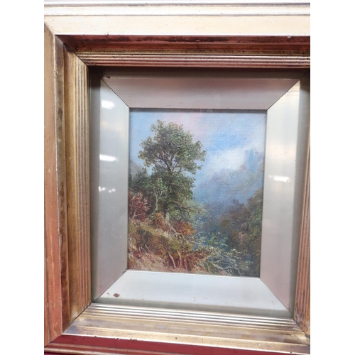 746 - English School (late 19th C): Mountainous wooded landscape, oils on card, 15cm x 12cm