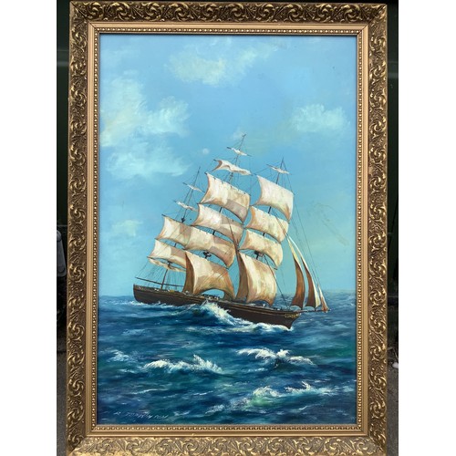 756 - R. Tomkinson (British 20th C) : Three masted Clipper in a heavy swell, oil on board, signed 72cm x 4... 