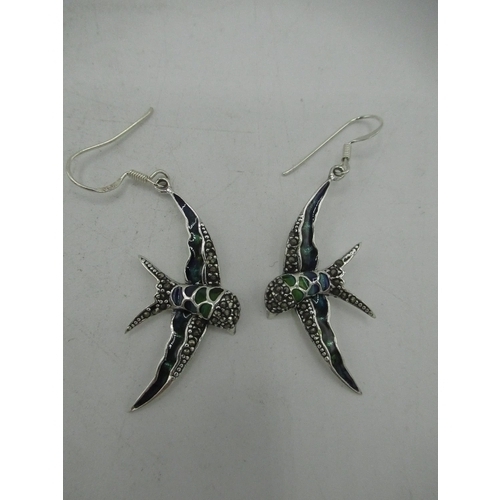 727 - Silver and enamel swallow earrings set with marcasites stamped 925