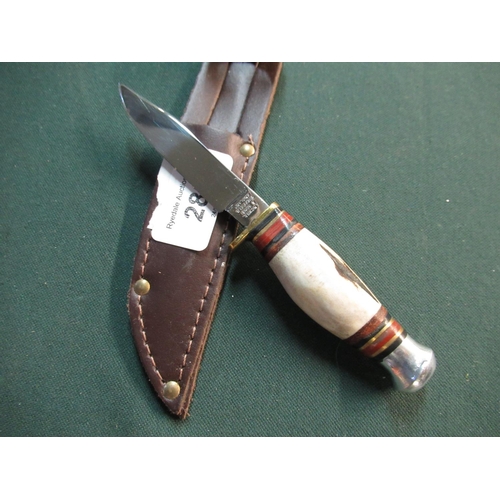 91 - Small 2 1/2 inch bladed sheath knife by J. Nowill, Sheffield with swollen Sambar horn grip and leath... 