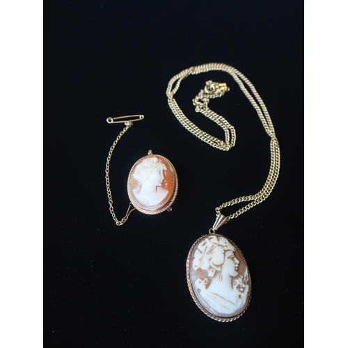 26 - Hallmarked 9ct gold mounted cameo pendant on curb chain necklace and a hallmarked 9ct gold mounted c... 