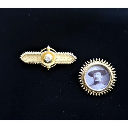 28 - 15ct gold and Diamond bar brooch stamped 15ct, 6.5g and another brooch with portrait of Lord Baydon ... 