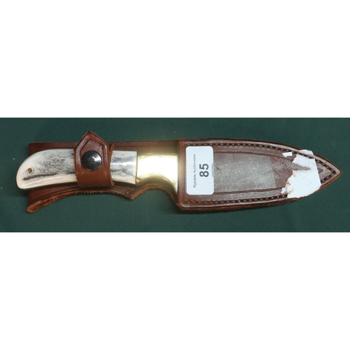 85 - Harry Boden full tang sheath knife with antler and brass handle, blade length 11cm