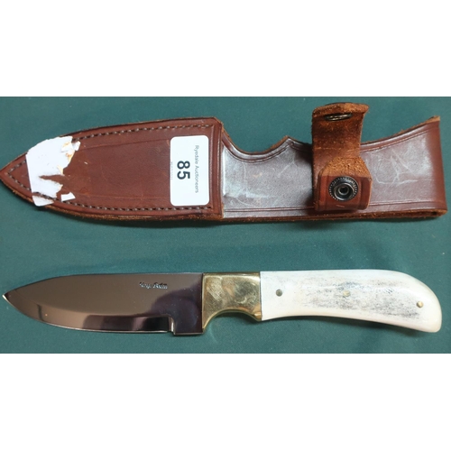 85 - Harry Boden full tang sheath knife with antler and brass handle, blade length 11cm