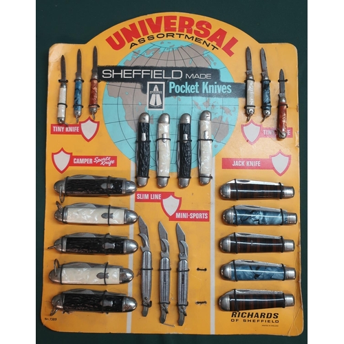 104 - Universal assortment Sheffield made pocket knife display cards with knives of various types and styl... 