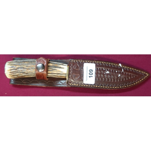 109 - Harry Boden sheath knife with antler full handle with brass handguard and nickel bolster in tooled l... 