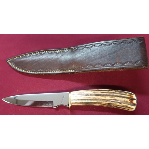 109 - Harry Boden sheath knife with antler full handle with brass handguard and nickel bolster in tooled l... 