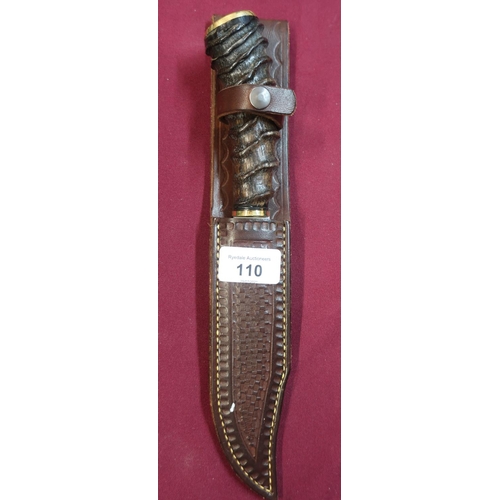 110 - Slim Harry Boden clip blade sheath knife with antelope handle, and brass front bolster and brass rea... 