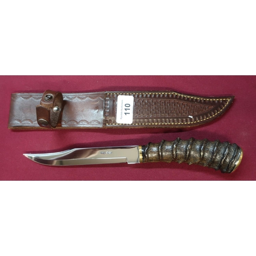 110 - Slim Harry Boden clip blade sheath knife with antelope handle, and brass front bolster and brass rea... 