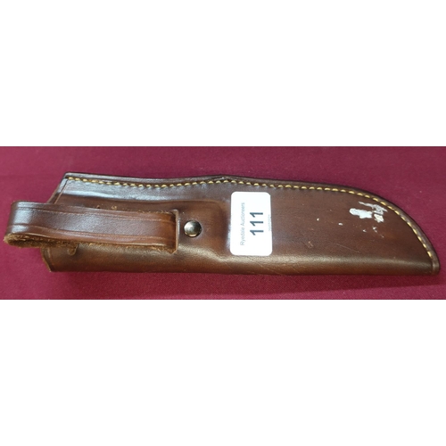 111 - Harry Boden sheath knife with full tang and clip blade, two piece antler handle with brass front bol... 