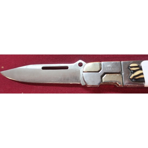 117 - American stainless steel handle and blade pocket knife with ornate design and plastic handle grip