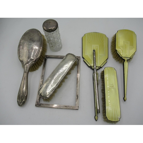 71A - Yellow enamel silver dressing table set of three brushes Charles S Green & Co Ltd, Birmingham, 1946-... 