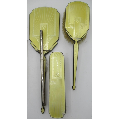 71A - Yellow enamel silver dressing table set of three brushes Charles S Green & Co Ltd, Birmingham, 1946-... 