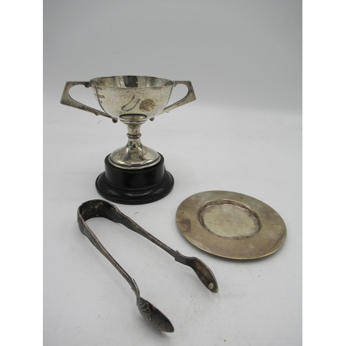 78 - Foreign silver sugar tongs, a hallmarked sterling silver cup and a hallmarked sterling silver plate ... 