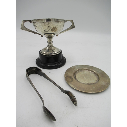 78 - Foreign silver sugar tongs, a hallmarked sterling silver cup and a hallmarked sterling silver plate ... 